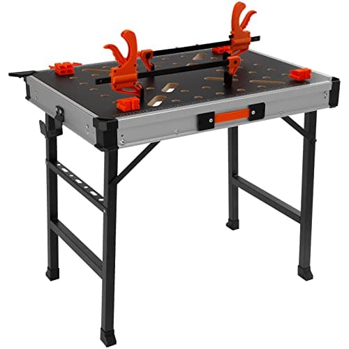 VEVOR Folding Work Table, 2-in-1 as Sawhorse & Workbench, 1000 lbs Load Capacity, Steel Legs, Portable Foldable Tool Stand with 2 Wood Clamps, 4 Bench Dogs, 3 Tool Boxes, 2 Hooks, Easy Garage Storage 9