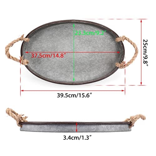 Hipiwe Galvanized Metal Iron Oval Tray with Rope Handle Farmhouse Serving Tray Rustic Industrial Decorative Centerpiece for Coffee Table Weddings and Parties Decor, Large 6