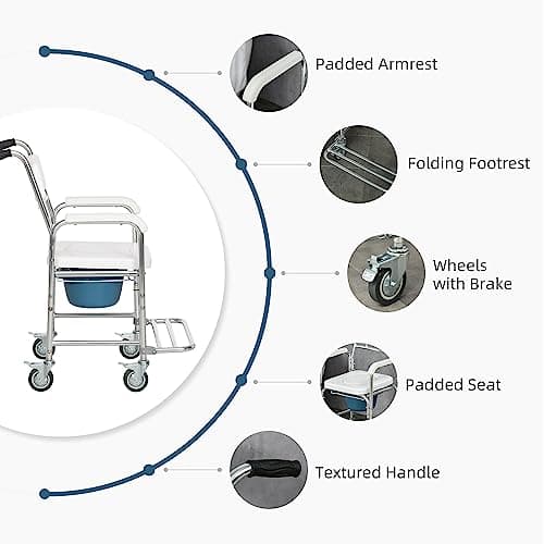 HOMCOM 3-in-1 Shower Commode Wheelchair, FSA/HSA Eligible Transport Beside Commode Chair, Waterproof Rolling Over Toilet Chair 330 lbs. Weight Capacity with Padded Seat, White 4