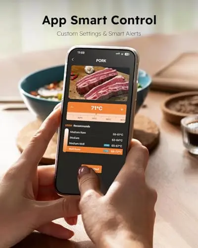 Wireless Meat Thermometer with App Control, 600FT Bluetooth Range, Dual Probes & 6 Sensors, 0.5S Instant Read, LCD Display, IP67 Waterproof Real-Time Monitoring & Smart Alerts for BBQ, Grill, Oven 8