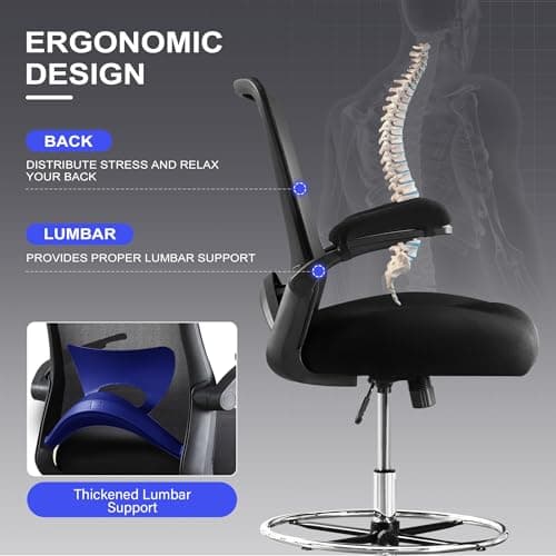 KWKSV 500 lbs Tall Drafting Chair for Standing Desk with Flip-up Armrests, Pressure Locking Casters, W-Shape Thicken Cushion, Breathable Mesh Extended Height Office Chairs (Black) 6