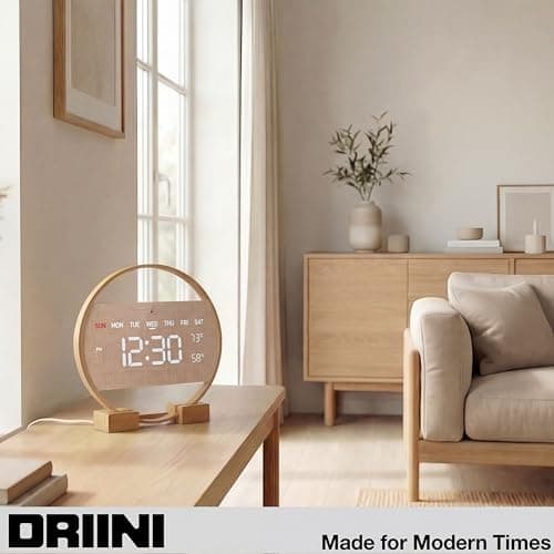 Driini Large Digital Wall Clock -Round Digital Bamboo Wooden Wall Clock with Large Display - LED Wall Clock - Auto-Dimming – Plug in USB with Temperature & Humidity – Large Wall Clock for Living Room. 7