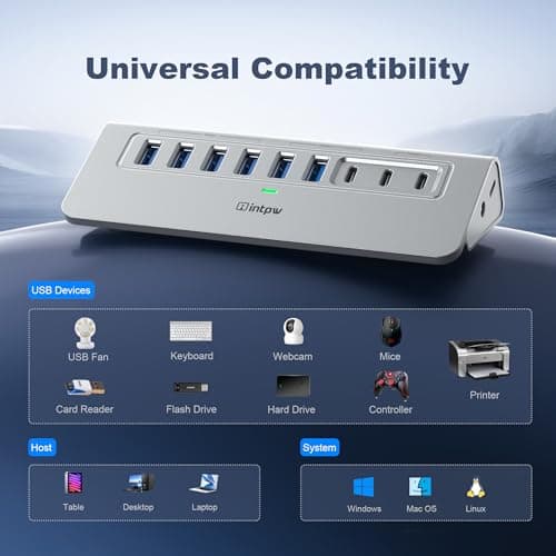 Powered USB Hub 10Gbps, intpw 9-Port USB 3.2 Hub, USB C Hub with USB A/USB C 3.2, 4 USB 3.0, 2 PD 45W Charging Ports, 65W Power Adapter and 3.3FT Cable, Aluminum USB Hub for Laptop, iPhone 17/16/15，PC 6