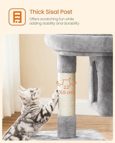 Feandrea Cat Tree, 33.1-Inch Cat Tower, Plush Condo for Large Cats up to 16 lb, Large Perch, 2 Caves, Scratching Post, Light Gray UPCT61W 6