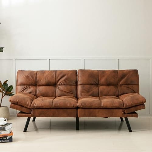 Hcore Convertible Futon Sofa Couch Bed,Futon Couch Bed,Memory Foam Futon Sleeper Sofa,Loveseat Sofa Bed,Small Splitback Faux Leather Modern Sofa for Living Room,Office,Apartment,Standard Brown