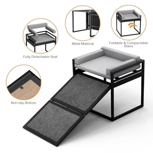 Clioran Pet Stairs Ramp Dog with Detachable 20% Wider Seat Mate,Companion Chair Platform for Small Doggie and Cat,Dachshund Puppy Non-Slip Ladder Perch,Doggy Step for High Bed Window Sofa Office Grey 6