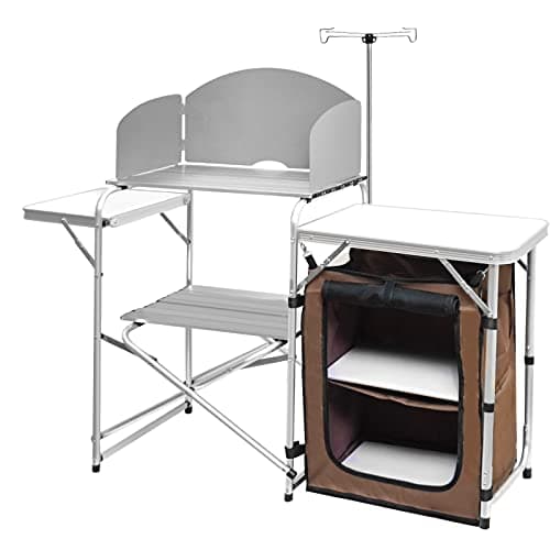 CAMP SOLUTIONS Camp Kitchen Table with Storage Organizer, Outdoor Cooking Table, Grill Tables for Outdoor,Portable Aluminum Windscreen Hooks for BBQ, Party (White)