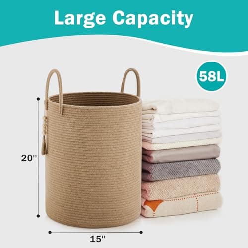 YOUDENOVA Jute Rope Laundry Hamper Basket, 58L Tall Woven Collapsible Baskets for Blanket Organizing Clothes Hamper for Laundry Bedroom Storage 6