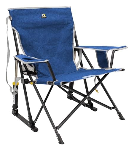 GCI Outdoor Kickback Rocker Camping Chair | Portable Folding Rocking Chair with Durable Armrests, Drink Holder & Relaxed Lowered Seat for Comfort — Heathered Royal