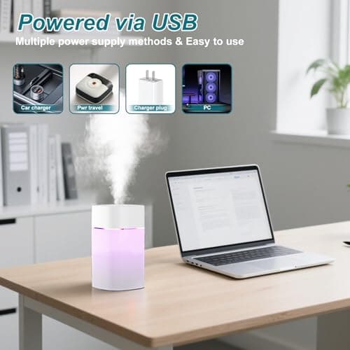 Small Humidifier for Plant, Cool Mist Mini Humidifiers for Bedroom, Desk Personal Humidifiers for Indoor Office Car, Portable Humidifier for Travel -White 400ml 6