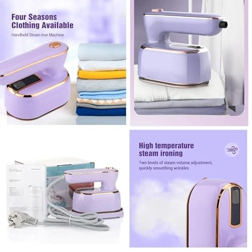 REBOLLITA Travel Steamer Iron for Clothes, 1000W handheld size portable Steamer Support Dry and Wet Ironing 180° small hand garment electric steam ironing machine for dress shirt travel (PURPLE) 7