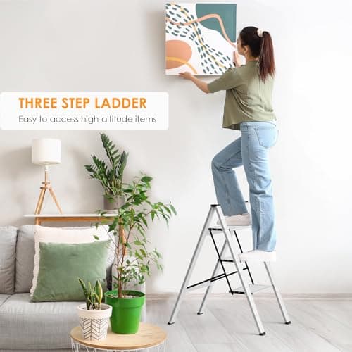 Arlopu 3 Step Ladder, Folding Step Stool with Wide Anti-Slip Pedals, Aluminum Portable Lightweight Ladder for Home, Kitchen, Office, Sturdy Temporary Storage Shelf Rack, Max Capacity 330lbs, Silver 9