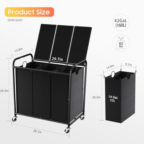 160L (42 Gal) Laundry Sorter 3 Section, Rolling Laundry Basket with Lockable Wheels and Lid, Laundry Hamper with 3 Separated Removable Bags Dirty Clothes Hamper for Laundry Room Organizer, Black 4