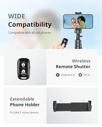 SENSYNE 62" Phone Tripod & Selfie Stick, Extendable Cell Phone Tripod Stand with Wireless Remote and Phone Holder, Compatible with iPhone Android Phone, Camera 6