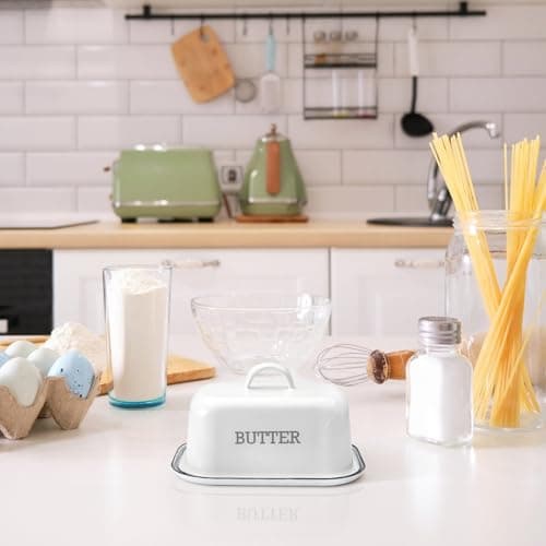 Suwimut Enamel Butter Dish with Lid for Countertop Refrigerator, Vintage White Butters Holder Tray, Black Rim Enameled Metal Covered Butters Keeper Container for East West Coast Butter Stick 7