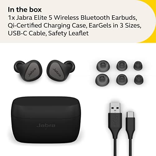 Jabra Elite 5 True Wireless in-Ear Bluetooth Earbuds - Hybrid Active Noise Cancellation (ANC), 6 Built-in Microphones for Clear Calls, Small Ergonomic Fit and 6mm Speakers - Titanium Black 6