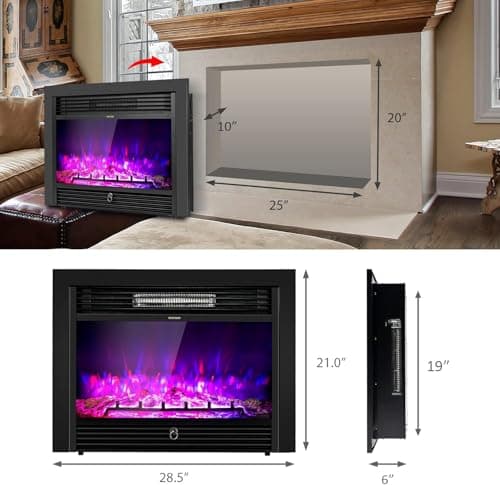 COSTWAY Electric Fireplace Inserts 28.5-inch Wide, 750W/1500W Wall Recessed and Freestanding Fireplace with 3 Flame Colors, 5 Brightness Settings, 8H Timer, Remote Control, Heater for Indoor Use 5