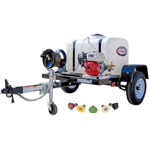 SIMPSON Cleaning Trailer-Mounted 3200 PSI Gas Pressure Washer, 2.8 GPM Gas Power Washer, Honda Engine, Cold Water, 100-Gallon Water Tank, 100-ft. Hose, 49-State