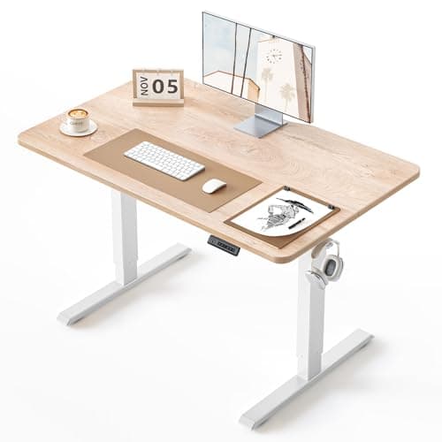 BANTI 40 × 24 Inches Standing Desk, Ergonomic, Electric Height Adjustable, Sit and Stand Up, Computer Office Desk with Splice Board, White Frame/Maple Top