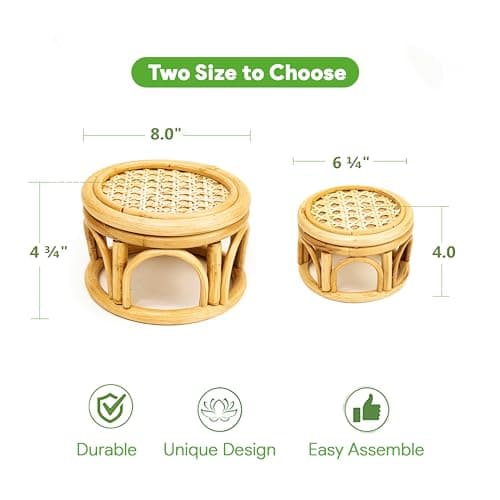 Set of 2 Small Boho Rattan Wicker Round Riser Plant Stand Indoor,Rustic Farmhouse Natural Wooden Circle Pedestal for Decor & Display, Tabletop, Office Decor 5