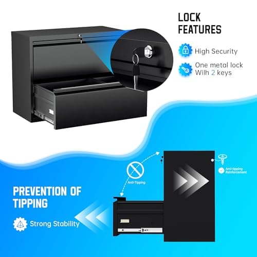 Greenvelly 2 Drawer Filing Cabinet, Black Metal Lateral File Cabinet with Lock, Office File Cabinets for Legal/Letter/A4/F4 Size with Hanging Files&Key, Lockable File Cabinet for Home Office 6