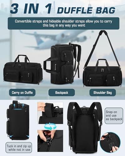 RAINSMORE Convertible Garment Bags for Travel, 45L Garment Duffle bag for Hanging Clothes, 3 in 1 Suit Travel Bag for Business Trips with Shoulder Strap, Carry On Suit Luggage for Men Women, Black 3