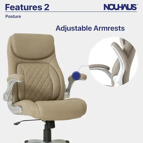 Nouhaus +Posture Ergonomic PU Leather Office Chair. Click5 Lumbar Support with FlipAdjust Armrests. Modern Executive Chair and Computer Desk Chair (Taupe) 9