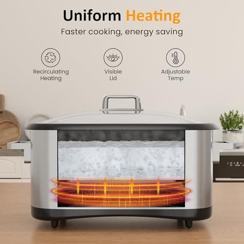 Sunvivi 8 Quart Slow Cooker Roaster Oven, 12 in 1 programmable Multi-Cooker Food Warmer with Digital Timer, Temp Control, Removable Cast Aluminum Pot & Dishwasher-Safe Tempered Glass Lid, Stainless 5