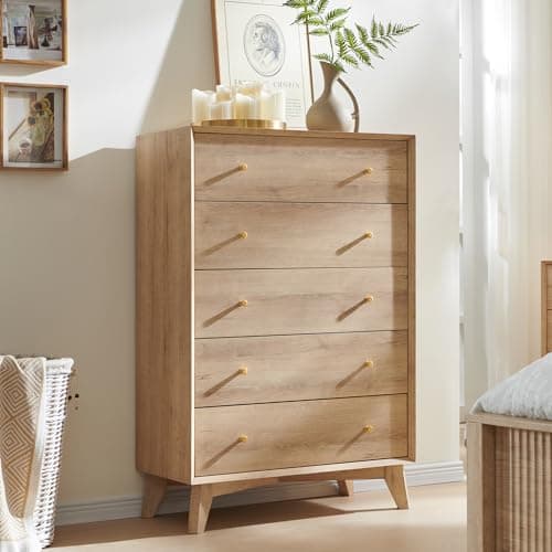 T4TREAM 5 Drawer Dresser for Bedroom, 48" Tall Mid-Century Modern Chest of Drawers, Beveled Profile Design, Wood Drawer Organizer for Bedroom, Living Room, Hallway and Entryway, Natural Oak
