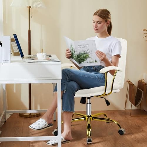 KLASIKA Leather Home Office Desk Chair, Mid-Back Vanity Chair Make Up Chair with Gold Wheels & Removable Armrests, Rolling Swivel Computer Task Chair for Office Bedroom Living Room Girls Women, White 5