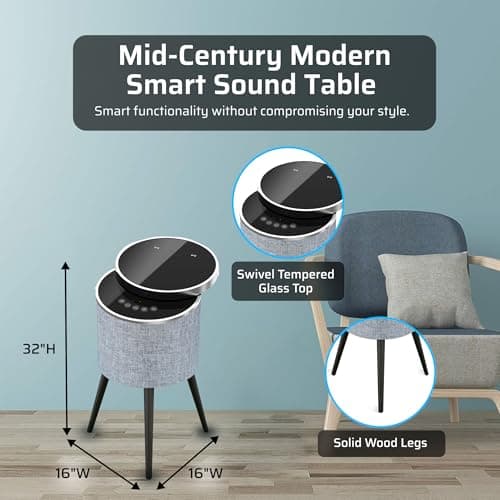 Soundstream STSW-180MCM-G Home End Table with Tempered Glass Swivel Top, 5 Channel Speaker System, Wireless Charging, USB Charging Port, Smart Corner Table with Surround Sound 5