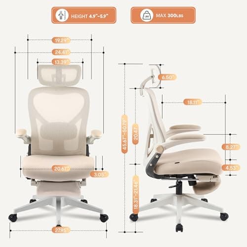 FLEXISPOT Foldex Ergonomic Office Chair, Folding Chair for Small Spaces with Lumbar Support, Flip-up Armrests, 3D Headrest, Desk Chairs with Footrest for Work,Video Game (Foam Seat, Cream) 3