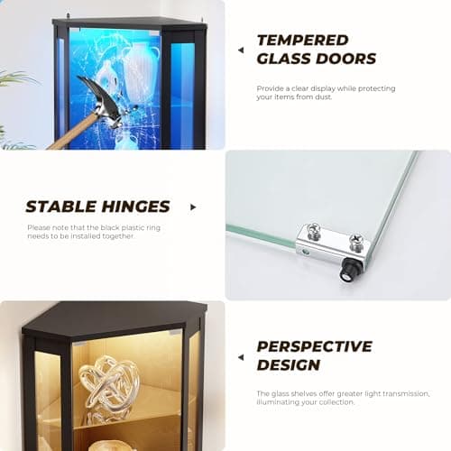BROTTAR 71" Corner Display Cabinet with Glass Doors, 6 Tier Curio Cabinet with 3 LED Lights & Glass Shelves, Human Body Sensor, Showcase Display Case for Collectibles, Black 8