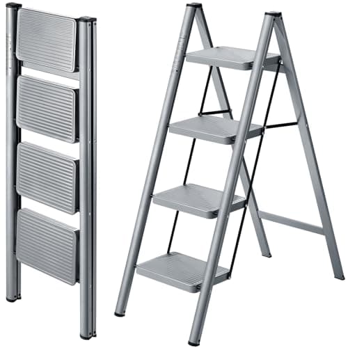 XinSunho 4 Step Ladder, Folding Step Stool with Anti-Slip Wide Pedal, Portable Sturdy Steel Ladder 4 Steps, 330lbs Safety Kitchen & Household Ladder