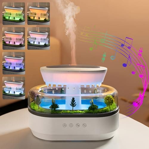 Holwim Essential Oil Flame Diffuser 250ml Cloud Rain Humidifier Water Drip Aromatherapy Diffuser Air Humidifier with 7 Colors Light, Micro Landscape, White Noise, Auto-Off for Home Office (White)