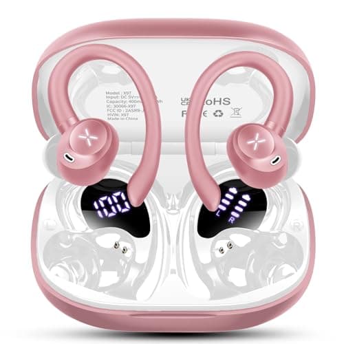 Wireless Earbuds, Sports Bluetooth 5.4 Headphones, Bass Sound 50Hrs Playtime Ear buds with Noise Cancelling Mic, Fast Charging Digital Display IPX7 Waterproof Earphones for Workout/Sports (Rose Gold)
