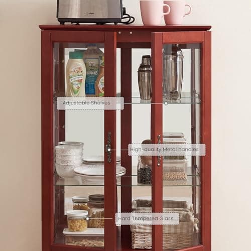 44" Small LED Glass Accent Curio Cabinet, Vintage China Cage with 2 Tempered Glass Doors & Adjustable Shelves, Acrylic Mirrored Pane, Elegant Wine Artwork Showcase for Living Room/Kitchen (Cherry) 6