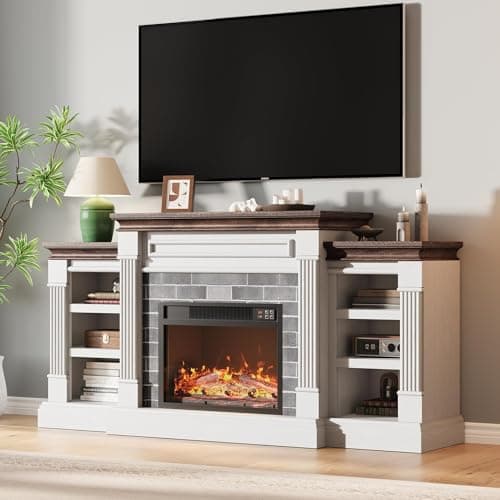 IDEALHOUSE 71 Inch Electric Fireplace with Matal, Fireplace TV Stand for TV Up to 80", Entertainment Center with Storage, Realistic Stacked Stone Surround with Remote Control and 3d Flame, White+Brown 6