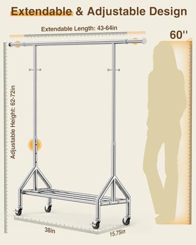 Upgraded 100% Stainless Steel Clothing Rack Load 760LBS, Heavy Duty Clothes Racks with Larger & Sturdy Wheel, Extendable & Adjustable Rolling Garment with Shelves for Hanging Portable Closet Rack 6