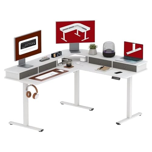 SANODESK 63" L Shaped Standing Desk with 3 Drawers, Height Adjustable Stand up Desk, Corner Gaming Desk with Monitor Stand, White Frame/White Top