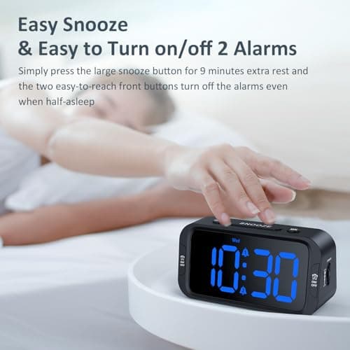 Odokee Digital Dual Alarm Clock for Bedroom, Easy to Set, 0-100% Dimmer, USB Charger, 5 Sounds Adjustable Volume, Weekday/Weekend Mode, Snooze, 12/24Hr, Battery Backup, Compact for Bedside(Blue) 6