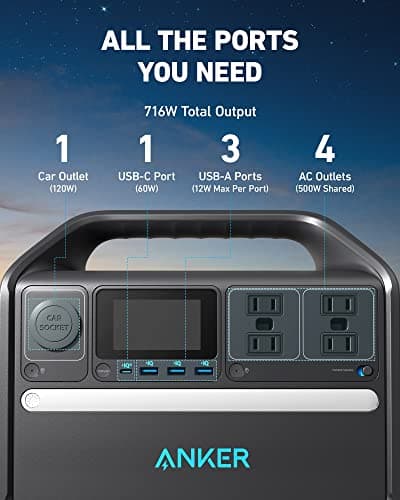 Anker 535 Portable Power Station, 512Wh Solar Generator (Solar Panel Optional) with LiFePO4 Battery Pack, 500W 9-Port Powerhouse, 4 AC Outlets, 60W USB-C PD Output, LED Light for Outdoor Camping, RV 6