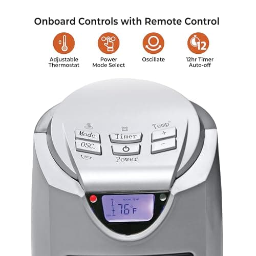 Comfort Zone 1500W Oscillating Ceramic Tower Space Heater – Portable Electric Heater, Digital Display, Remote Control, 80° Oscillation & 12H Timer – Tip-Over & Overheat Protection for Home & Bedroom 3