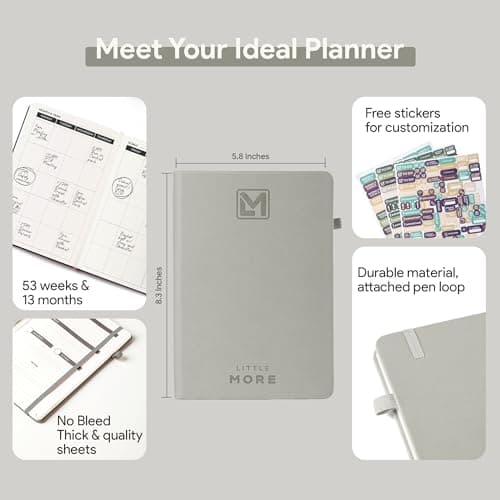 Undated A5 Weekly Planner 2024 - Grey, Monthly, Blank, ADHD Planner With Stickers 2