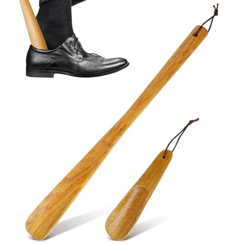 GLEAVI 2 Pack Wood Shoe Horn Set, Long Handle Boot Helper for Seniors, Portable Travel Shoe Spoon, Solid Wooden Lifter with Hanging Loop (15.7" & 6.3")