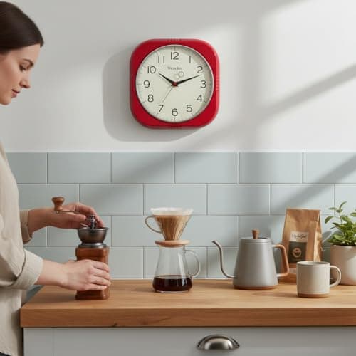 Westclox Retro Square Wall Clock, Vintage 1950s Mid-Century Design for Kitchen, Living Room, or Office – Quiet Quartz Analog Clock with Dome Glass Lens & Chrome Bezel (Red, 9.5") 6