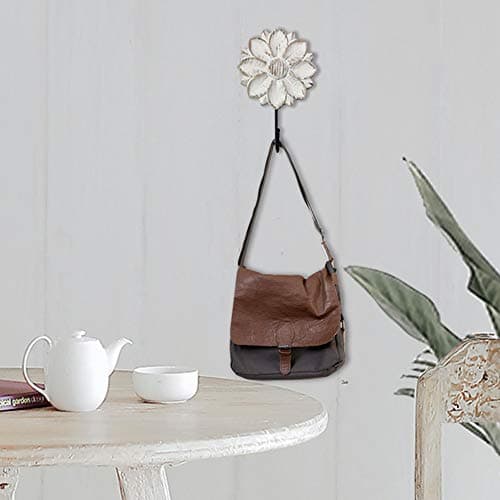 dwellington Decorative Boho Flower Towel Hooks, White Distressed Wood Hanging Hooks, Farmhouse Boho Coat Rack Hooks for Hanging Things, Towels, Purse 6