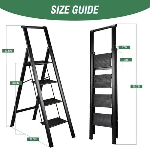 HBTower 4 Step Ladder with Handrail, Aluminum Compact Ladder, Folding Step Stool for Adults, Portable, Lightweight, 330 lbs Foldable Ladder for Home, Black 2