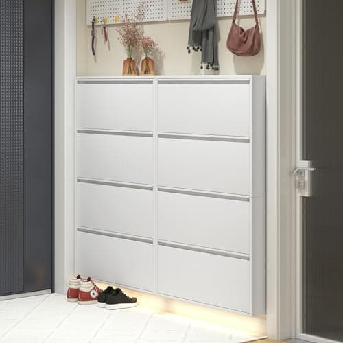 LUCYPAL Shoe Storage Cabinet with 4 Flip Drawers,Metal Shoe Cabinet for Entryway,Slim Shoe Storage Cabinets Wall Mount for Hallway,Living Room,White