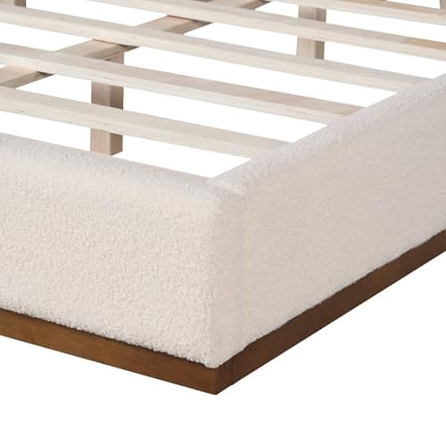 Merax King Size Bed Frame, Elegant Fabric Upholstered Platform Bed with Tall Padded Headboard for Bedroom, Solid Wood Slats Support, No Box Spring Needed, Easy Assembly, White 7